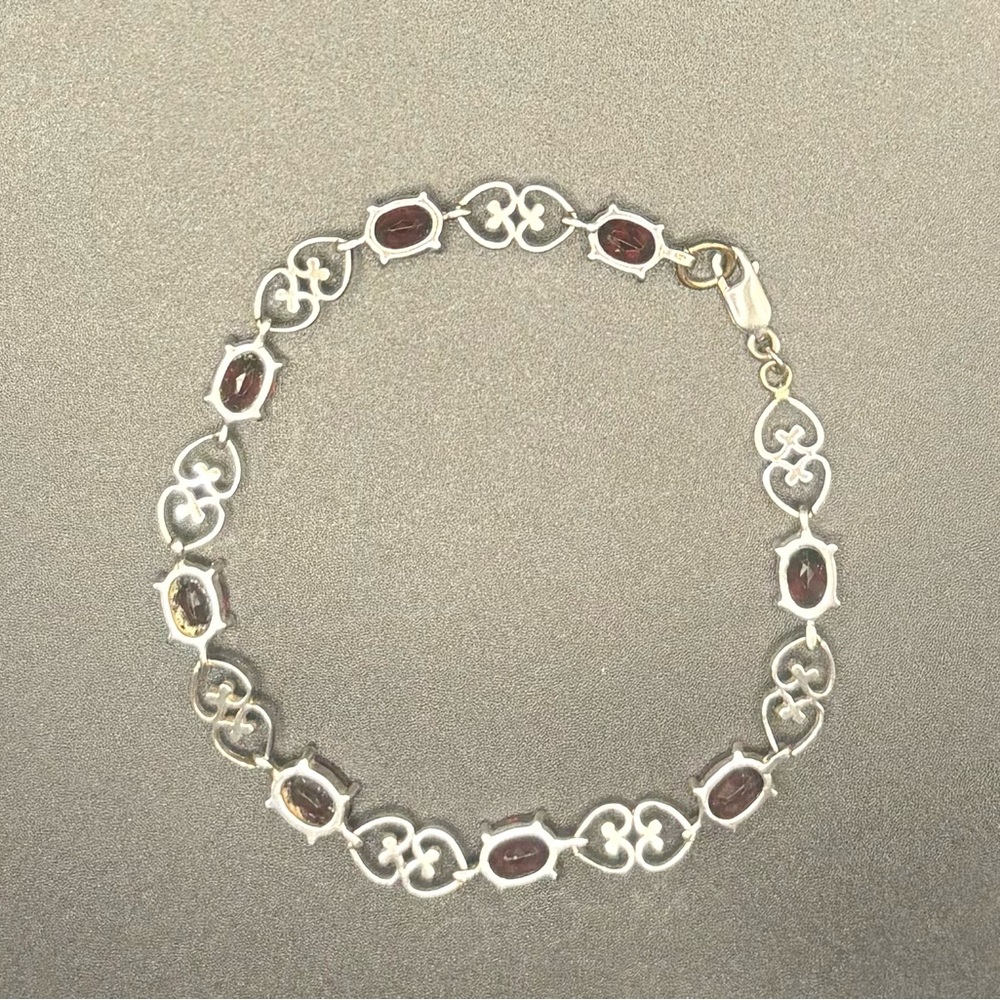 GARNET & STERLING SILVER BRACELET heart filigree